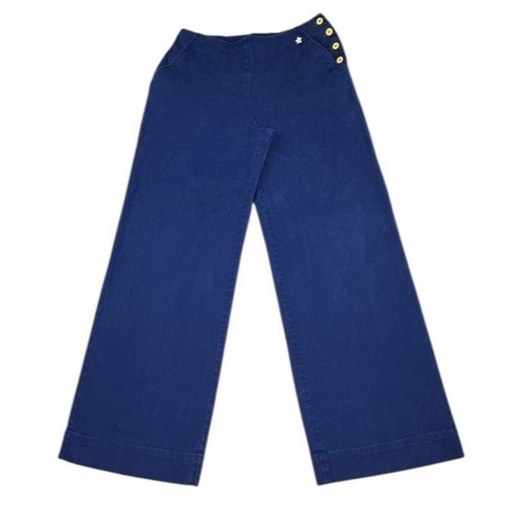 Jeffrey Banks Blue Sailor Wide Leg High Rise Pants Sz Small Nautical Button Side